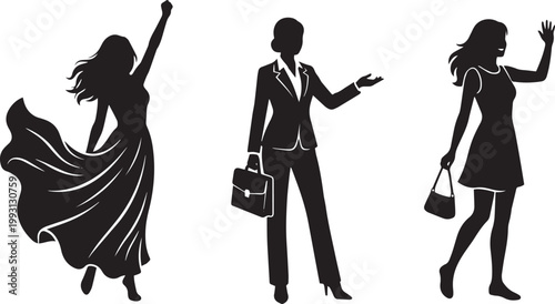Professional women silhouette collection with successful business leader holding briefcase and happy girls celebrating victory isolated on white background for commercial design.