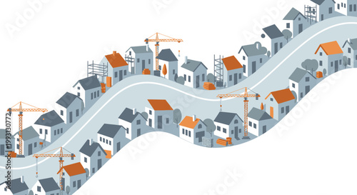 Residential Housing Development and Urban Planning Construction Site Vector Illustration with Winding Road, Cranes, and New Homes