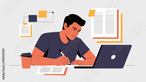 Man writing blog post on computer with digital content creation workspace 