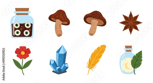 Magic Potion Ingredients and Witchcraft Alchemy Icons Set with Crystals, Eyeballs, and Mushrooms