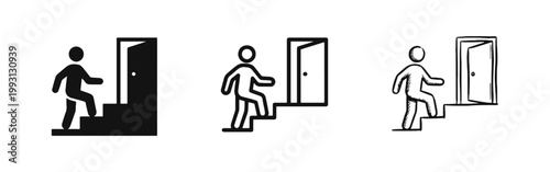 Person Climbing Stairs to Open Door Success Concept Icons