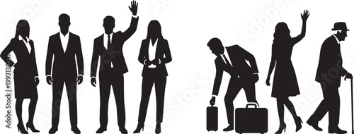 Vector silhouettes set featuring professional business people, corporate team standing, travelers with luggage, elderly man with walking stick isolated on white background.