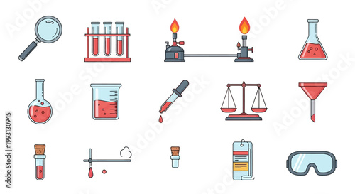 Flat Line Science Laboratory Equipment Icon Set with Chemistry Glassware, Beaker, Flask, Bunsen Burner, and Research Tools for Education and Medical Design