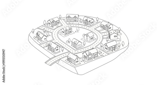 Isometric Suburban Neighborhood Line Art Illustration in Map Pin Shape for Coloring