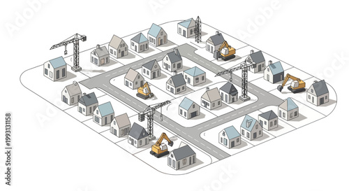 Isometric Residential Neighborhood Construction Site with Houses, Cranes, and Excavators - Real Estate Development Concept