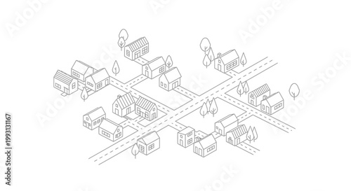 Isometric Neighborhood Map Line Art Illustration of a Minimalist Suburban Residential District with Houses, Roads, and Trees