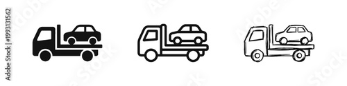 Tow truck with car icon set. Vehicle recovery service symbols. Roadside assistance.