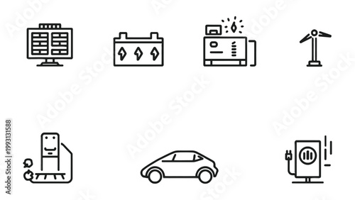 Icon Set of Sustainable Power Sources: An array of concise icons showcases diverse sustainable power sources, from solar panels and wind turbines to electric vehicle charging stations, battery.