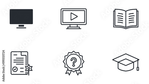 Education Icons Set: A collection of educational icons, including a monitor, play button, opened book, certificate, question mark, and graduation cap, perfect for representing learning and knowledge.
