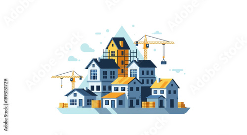 Modern Residential Construction and Real Estate Development Concept with Houses and Tower Cranes in Flat Vector Style