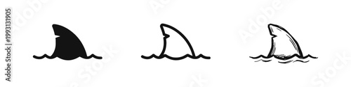 Shark fin in water icon set. Ocean predator symbols. Danger and warning signs.