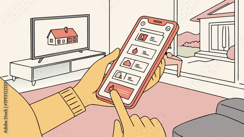 Person using a smartphone to control home devices with a smart tv displaying