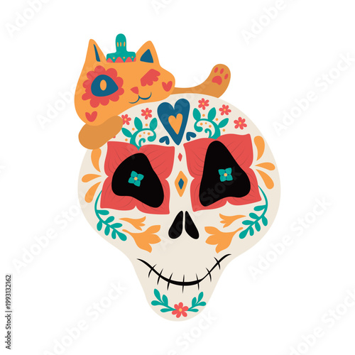 Day of the dead skull with cat