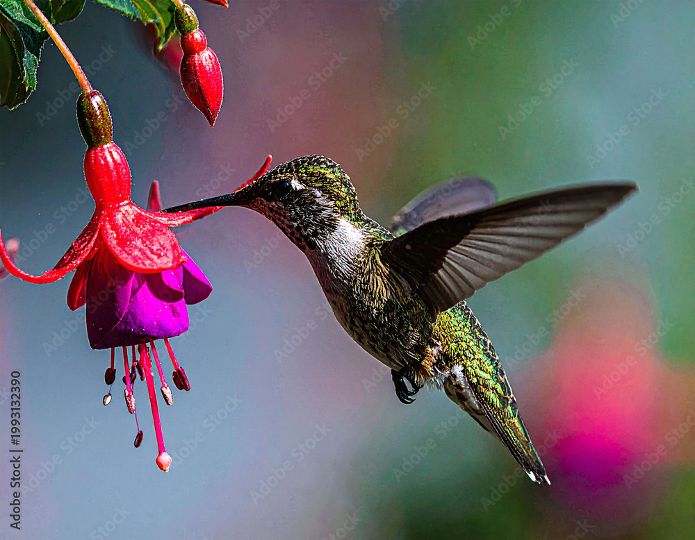 Fototapeta premium Experience natures vibrant energy with this stunning macro shot of a hummingbird feeding on a fuchsia. Ideal for environmental themes, wildlife blogs, and elegant botanical decor.