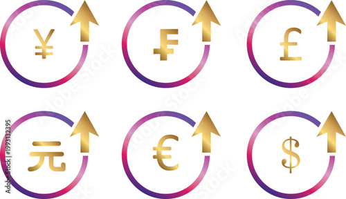 Set of colorful 3D arrow icons and business signs featuring gold vector shapes and web design symbols for currency.