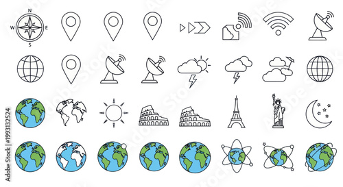 Set of travel and geography line icons including globes monuments and weather symbols