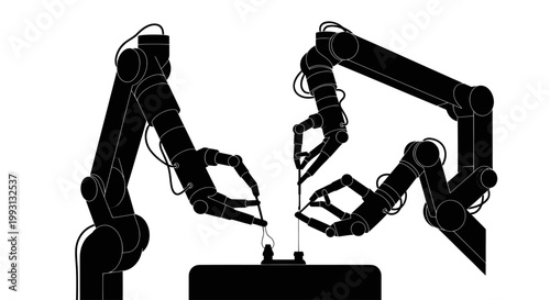 Silhouette of robotic surgical arms performing a high-precision medical procedure on white.
