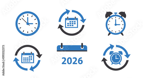 Tableau sur toile Set of time management icons with calendar and alarm clock for 2026 planning