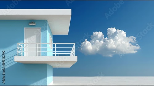 Blue house with white balcony and door, clouds drifting in the clear sky, showcasing a serene outdoor scene with bright sunlight illuminating the structure