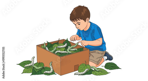 Bild auf Leinwand A young boy observes and touches silkworms feeding on mulberry leaves in a box