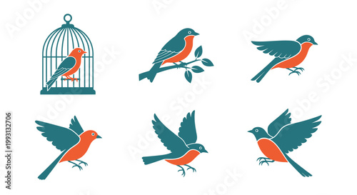 Set of stylized bird icons in various poses, including caged, perching, and flying.