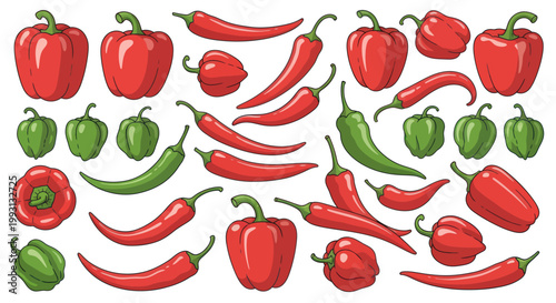 Vibrant collection of colorful bell peppers and spicy chili peppers.