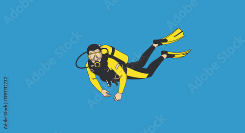 Minimalist vector illustration of a scuba diver swimming underwater in full gear