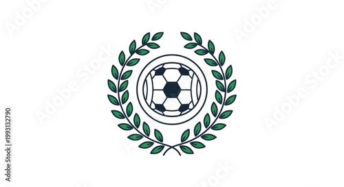 Vector illustration of a soccer ball emblem with a green laurel wreath