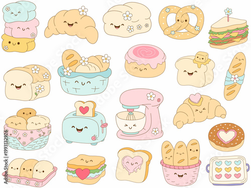 Cute bakery items including croissants, bread, pretzels, and pastries create joyful scene