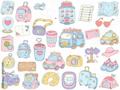 Travel journal hotel camera passport adventure colorful icons travel essentials cute design