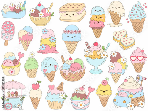 Cute ice cream illustrations featuring various styles and flavors, evoking joy and sweetness