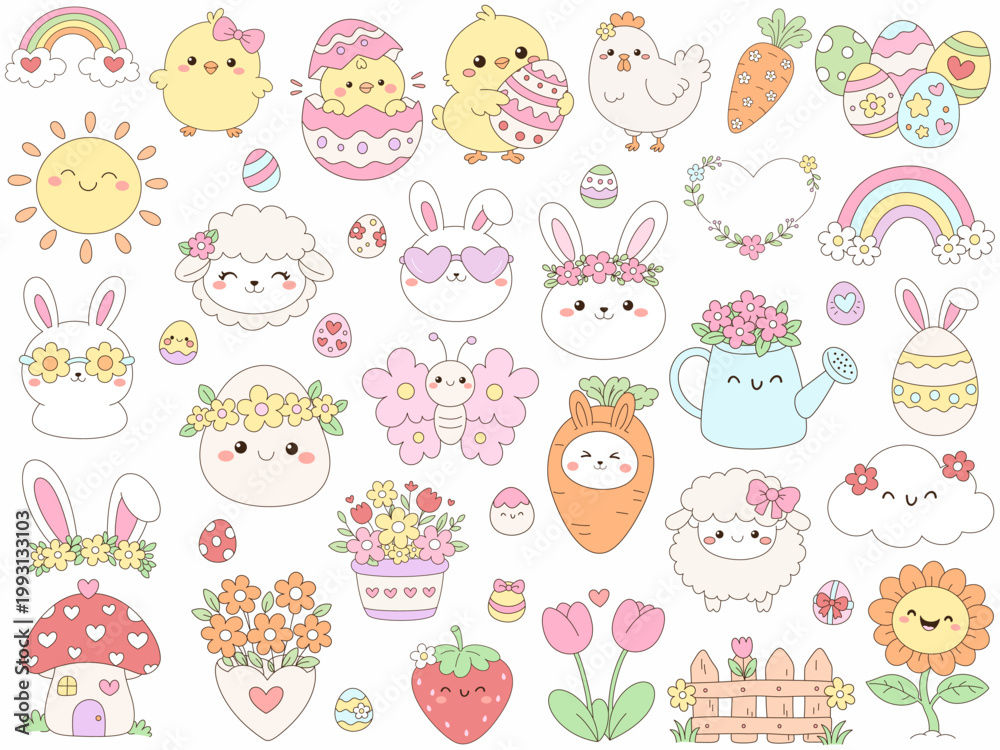 Fototapeta premium Cute spring garden illustrations featuring bunnies, chicks, flowers, and colorful eggs evoke joy