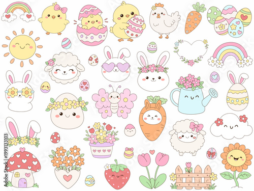 Cute spring garden illustrations featuring bunnies, chicks, flowers, and colorful eggs evoke joy