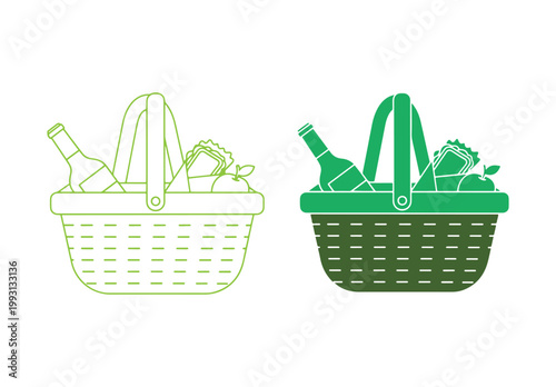 Minimal picnic basket illustration featuring food items in line and solid icon style.