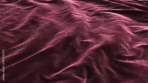 Close-up of wrinkled burgundy satin fabric with soft highlights and shadows, flowing folds and smooth texture