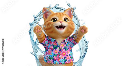Happy Orange Cat in Flower Shirt Splashing in Water