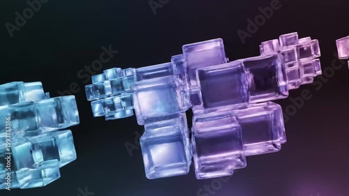 Abstract close-up of stacked translucent glass-like cubes forming twisting columns on dark gradient background