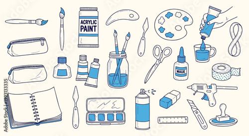 Art supplies, blue and white illustration set, 25 creative tools, artistic materials