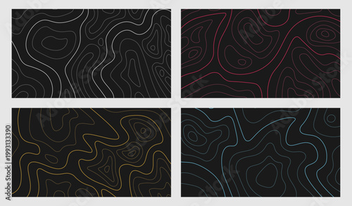 Vector illustration. Abstract dark topographic map background with colorful contour lines. Minimalist geographic terrain pattern for modern dark mode web design. Liquid dynamic lines
