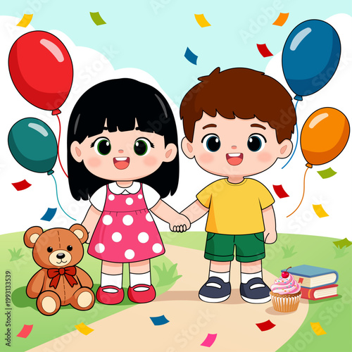 Illustration of children holding hands, best friends