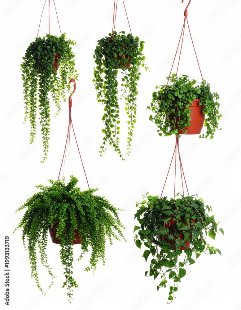 Fototapeta premium Green hanging house plants isolated on white, set 