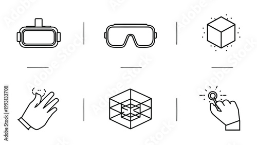 Virtual Reality Icon Set: A modern, minimalist illustration showcasing a collection of virtual reality-themed icons. Each icon represents a different element, perfect for use in tech-related projects.