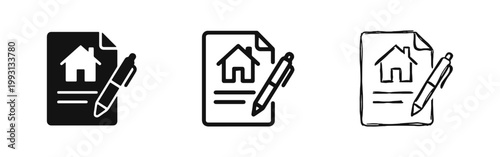 Real Estate Document and Contract Icon Set - House Purchase, Lease Agreement and Property Ownership Symbols
