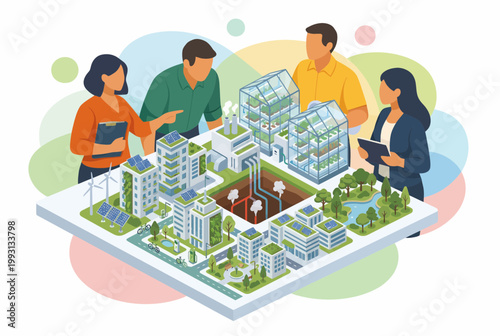 Diverse Professionals Planning Sustainable City Model with Green Energy
