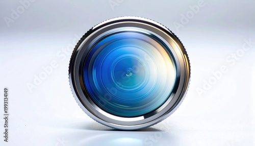 A Detailed Camera Lens With A Polished Metal Barrel And Blue Reflective Glass