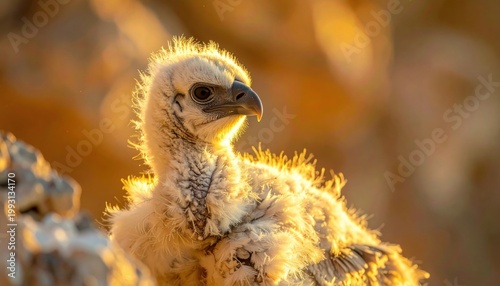 A fluffy noble griffin chick with downy feathers bathed in golden sunlight