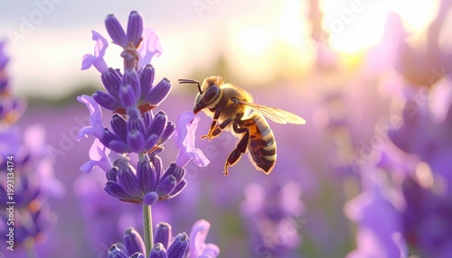 A diligent honeybee in flight collects nectar from a vibrant lavender flower during a warm summer day.