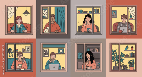 Colorful illustration showing people in different apartment windows engaged in daily activities during lockdown.