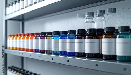 A meticulous row of labeled reagent bottles lined up on a laboratory shelf, showcasing scientific materials.