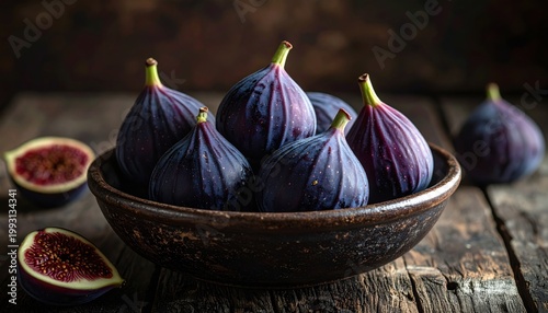 A Medley of Plump, Dark Purple Figs in a Rustic Bowl on a Wooden Surface